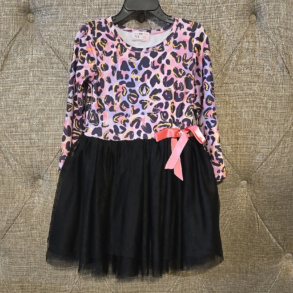 Pete & Lucy Pink/Black Leopard Print Dress with Black Tulle Skirt - Size 4t